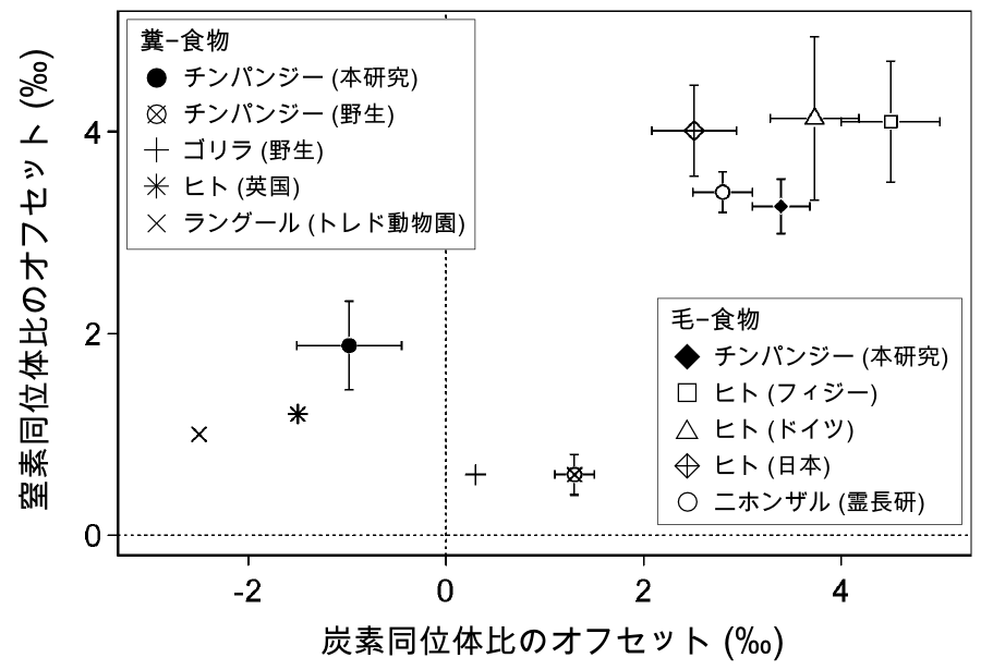 Stable carbon and nitrogen isotopic offsets in primates